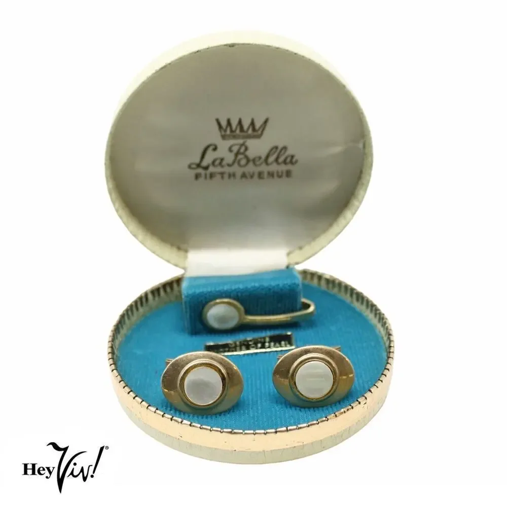 Vintage La Bella Fifth Avenue Cuff Links Tie Clip Set Original Box Genuine MOP